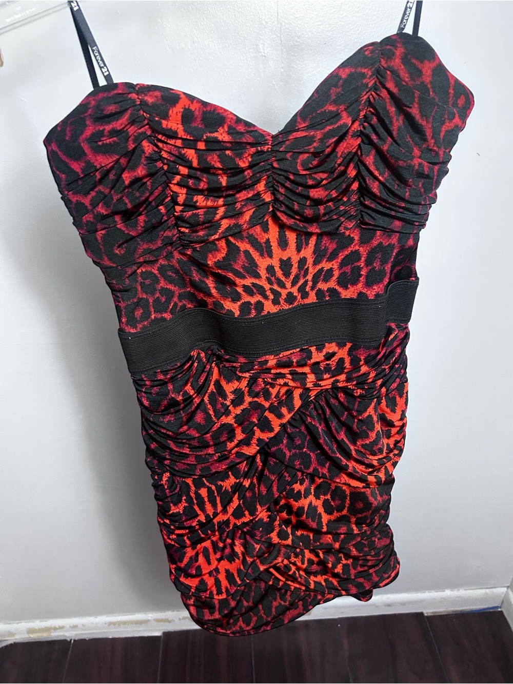 Forever 21 Red and Black Leopard Ruched Bodycon Mini Strapless  Dress